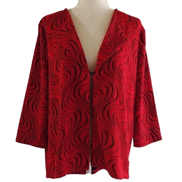 Chico's Easywear Red Black Abstract Swirl Textured Lightweight Topper Jacket - Picture 1 of 9